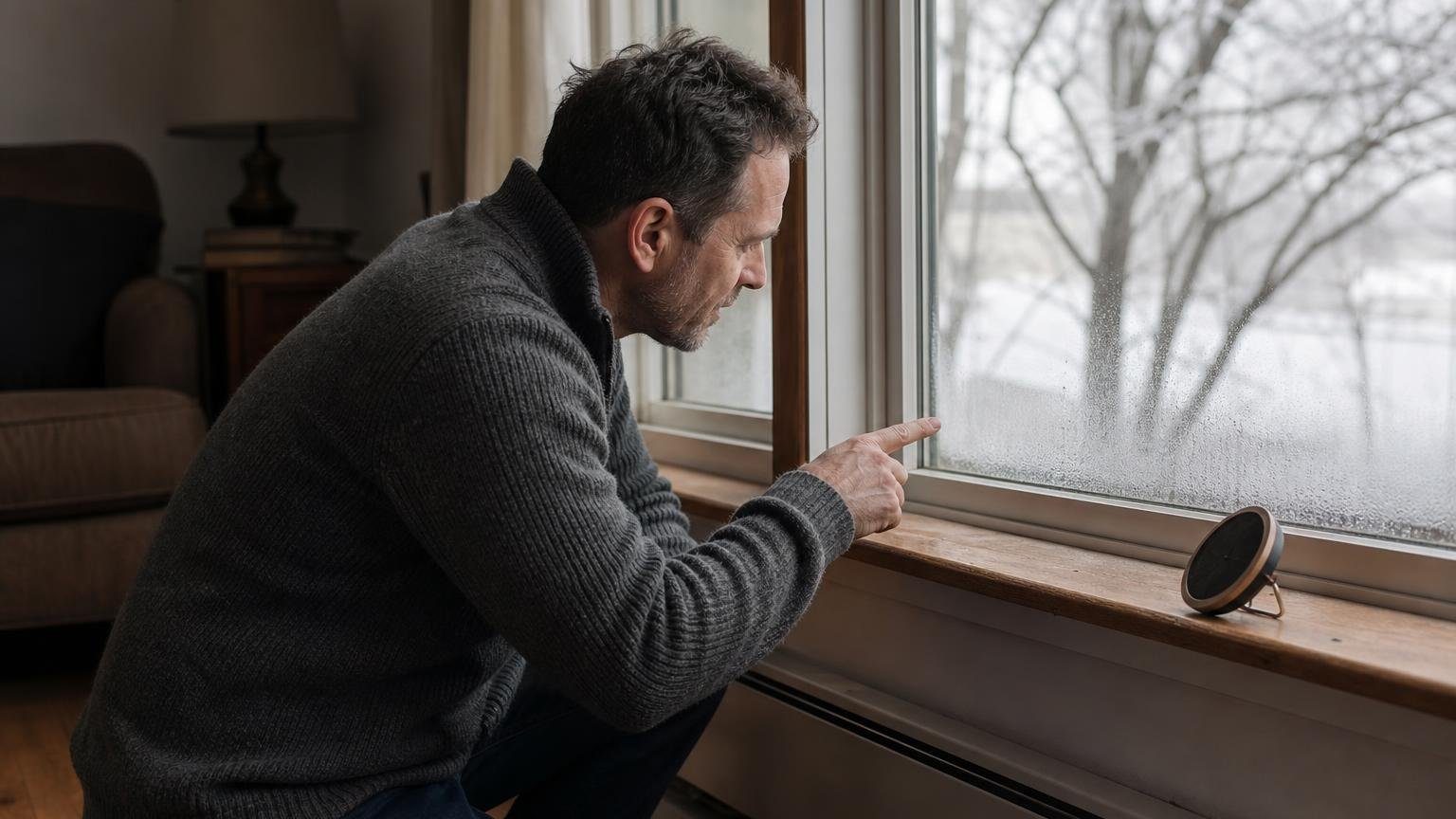 Homeowner checking window condensation to judge the ideal indoor humidity in winter