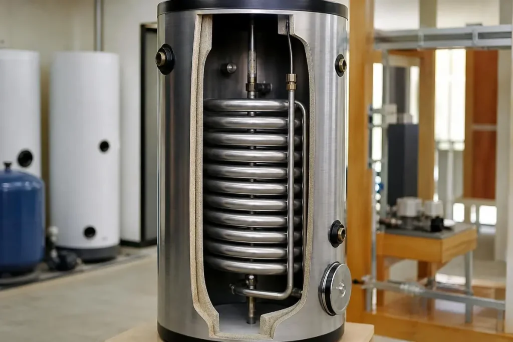 Boiler water runs through the coil; domestic water in the tank never mixes with it.