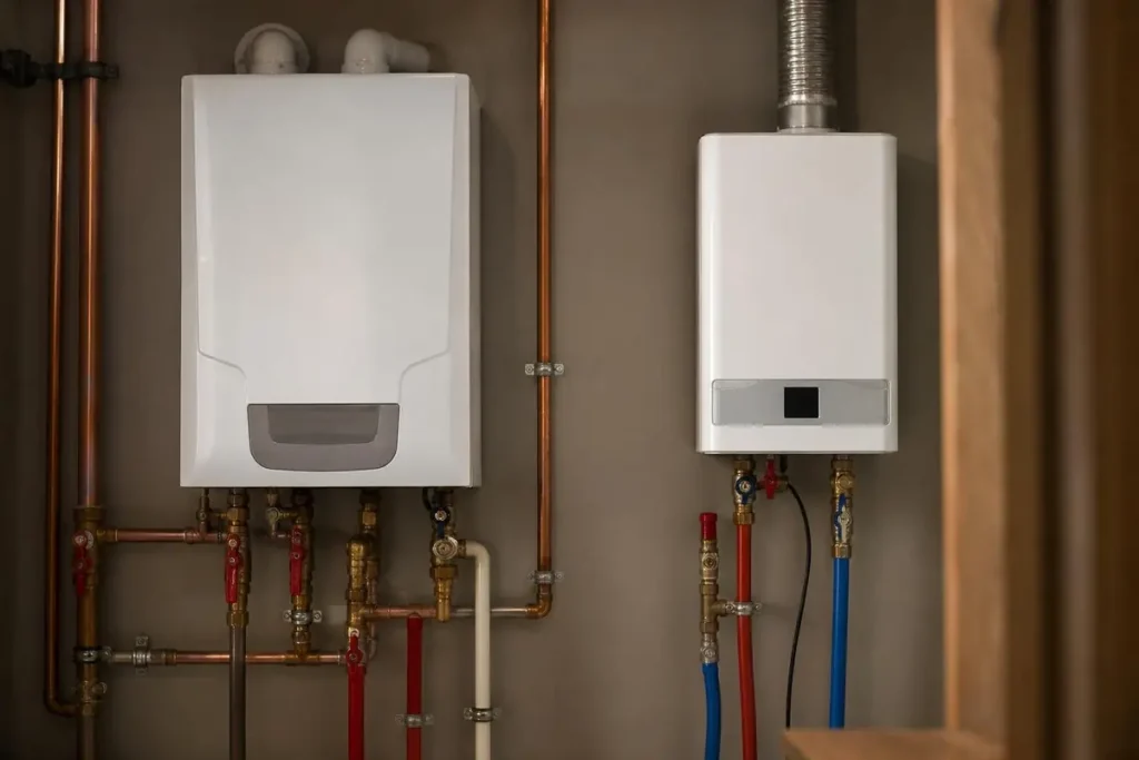 A combi or tankless unit heats water on demand; an indirect tank stores it.
