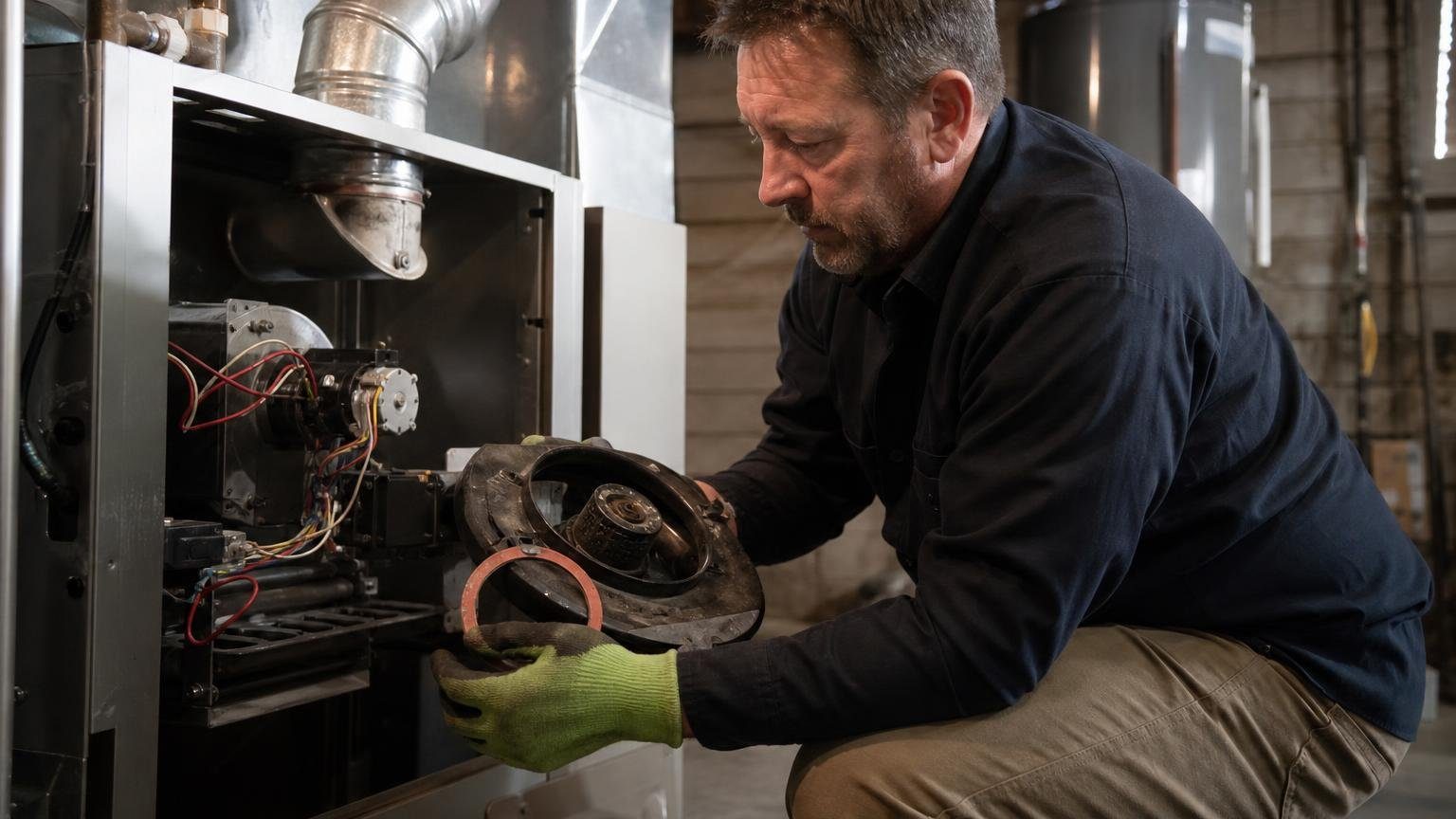 Technician holding a furnace inducer motor assembly beside an open gas furnace