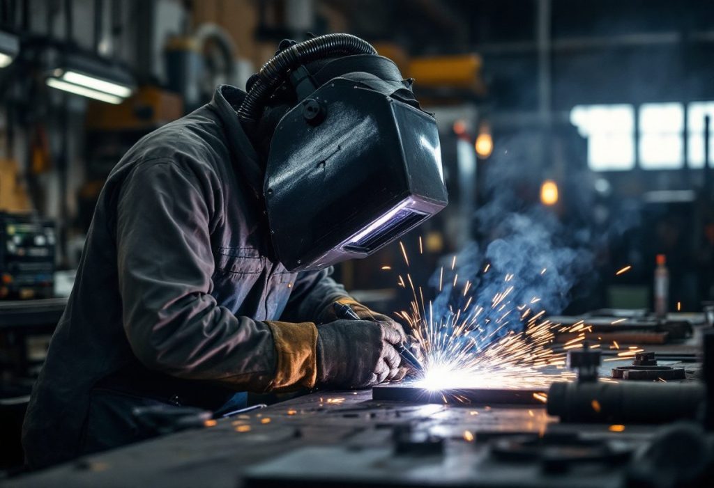 Welding fume rising from the arc, the contaminant a local exhaust hood is built to capture.