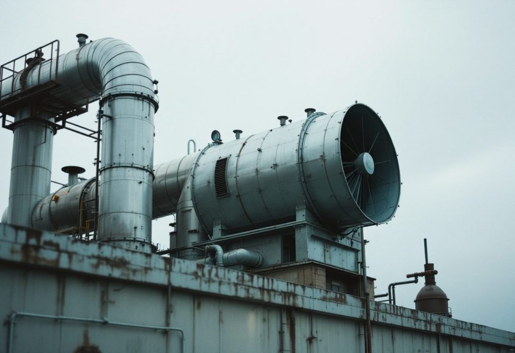 Exhaust duct and fan on a factory roof.
