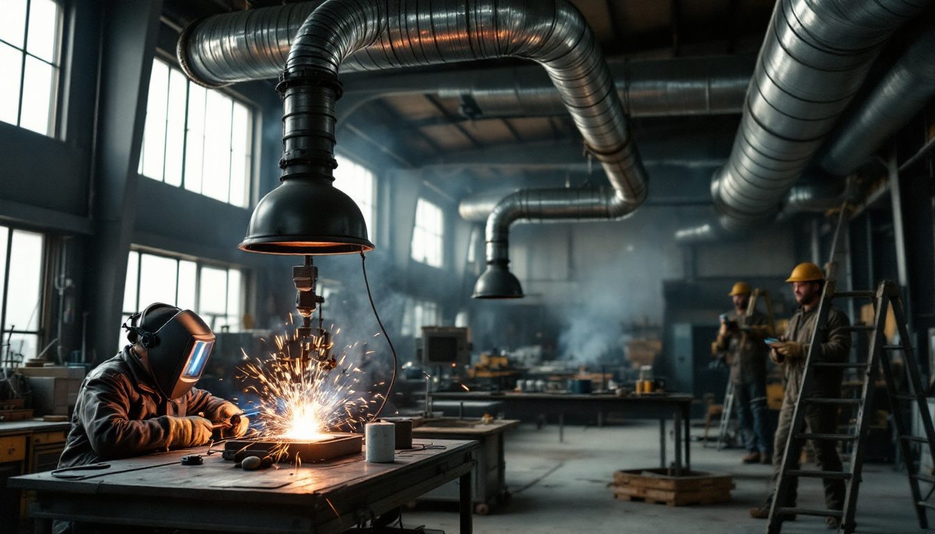 Welder working under a local exhaust hood while a technician measures airflow on an industrial ventilation system