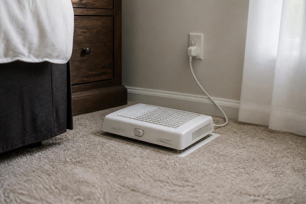 A register booster sits on top of the floor grille instead of inside the duct.