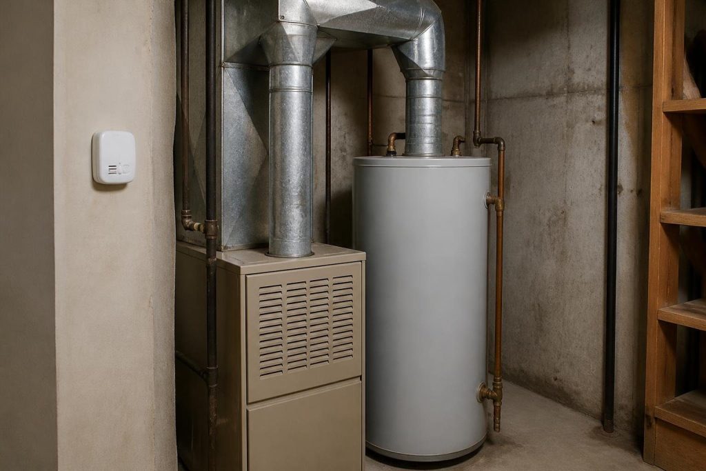 Fans that pull air from rooms with gas appliances can disturb how flue gases vent.