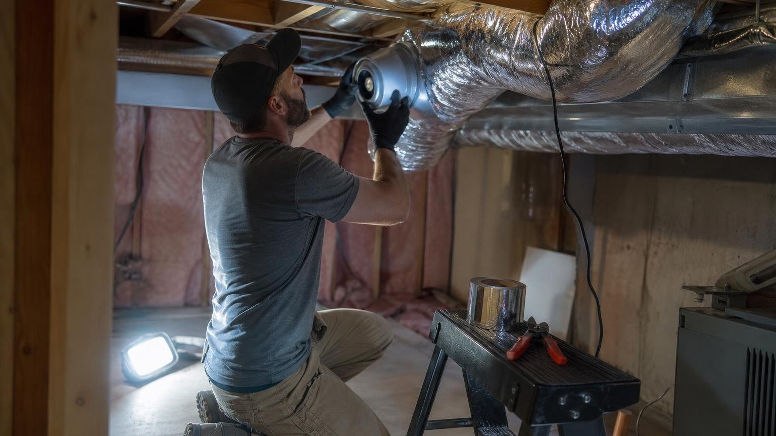 Technician fitting an inline duct fan into a basement supply duct branch