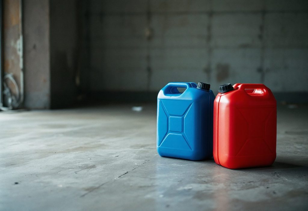 Kerosene goes in a blue can, gasoline in red; mixing them causes fires.