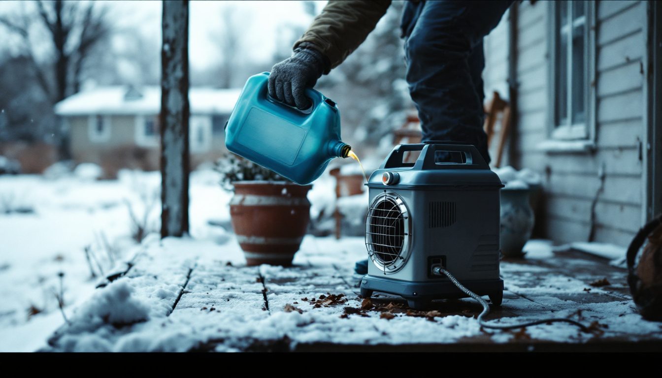Portable kerosene heater running in a living room with a window cracked open for ventilation