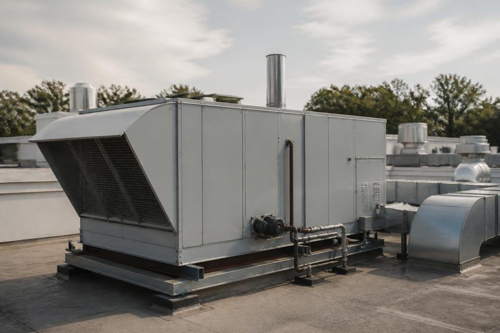 A commercial make up air unit heats outdoor air before it replaces kitchen exhaust.