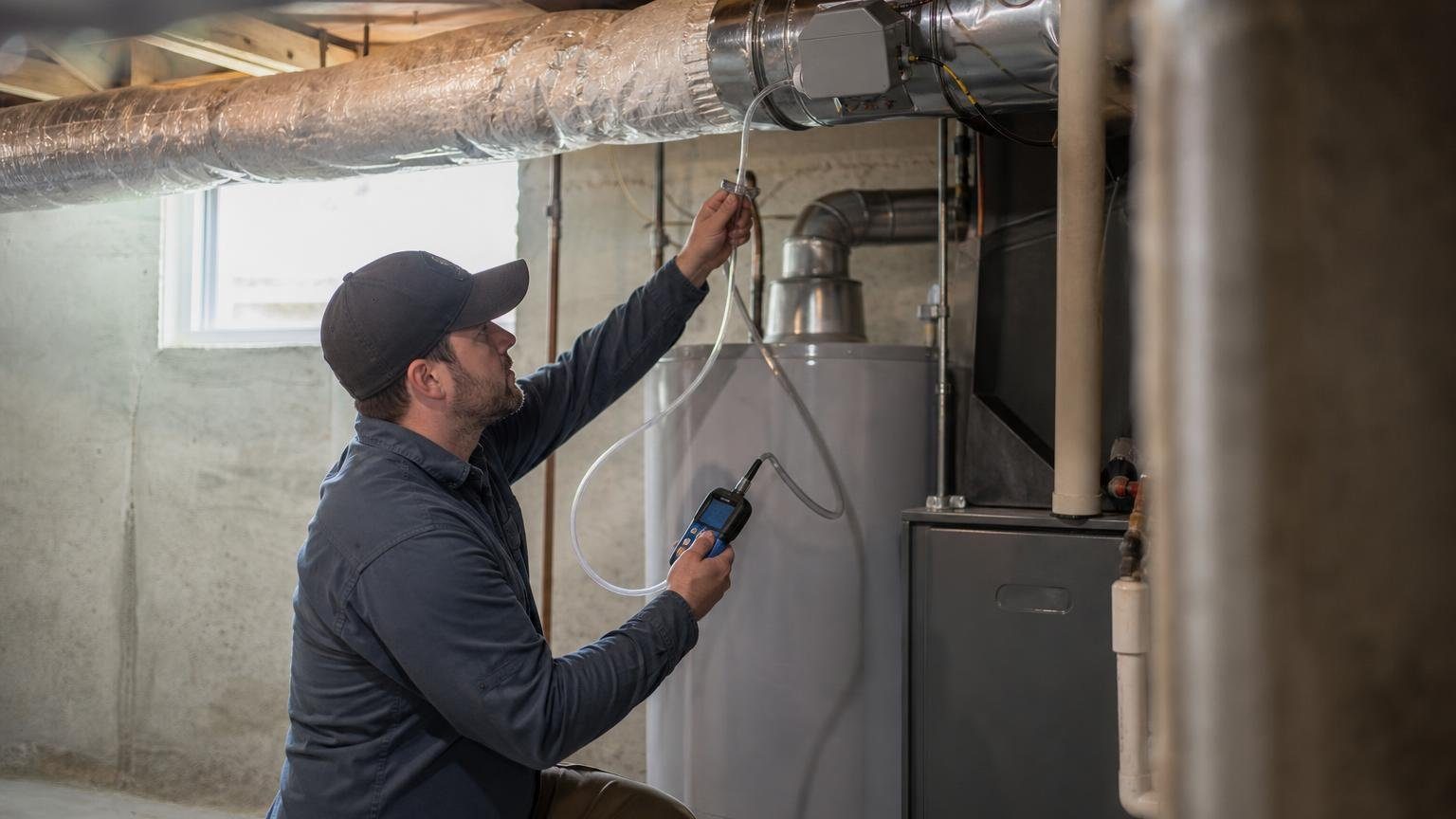HVAC technician testing house pressure near a water heater and a make up air damper duct in a basement utility room