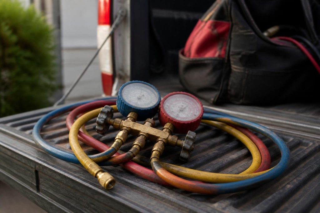 Blue reads the low side, red the high side; the yellow center hose goes to the recovery machine, vacuum pump or cylinder.