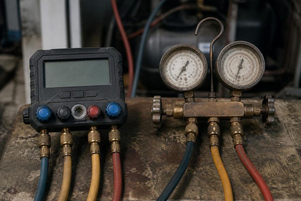 Digital manifolds compute saturation temperature, superheat and subcooling from built-in refrigerant tables.