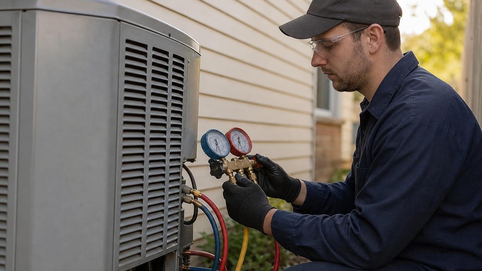 HVAC technician connecting a manifold gauge set to an outdoor AC condensing unit
