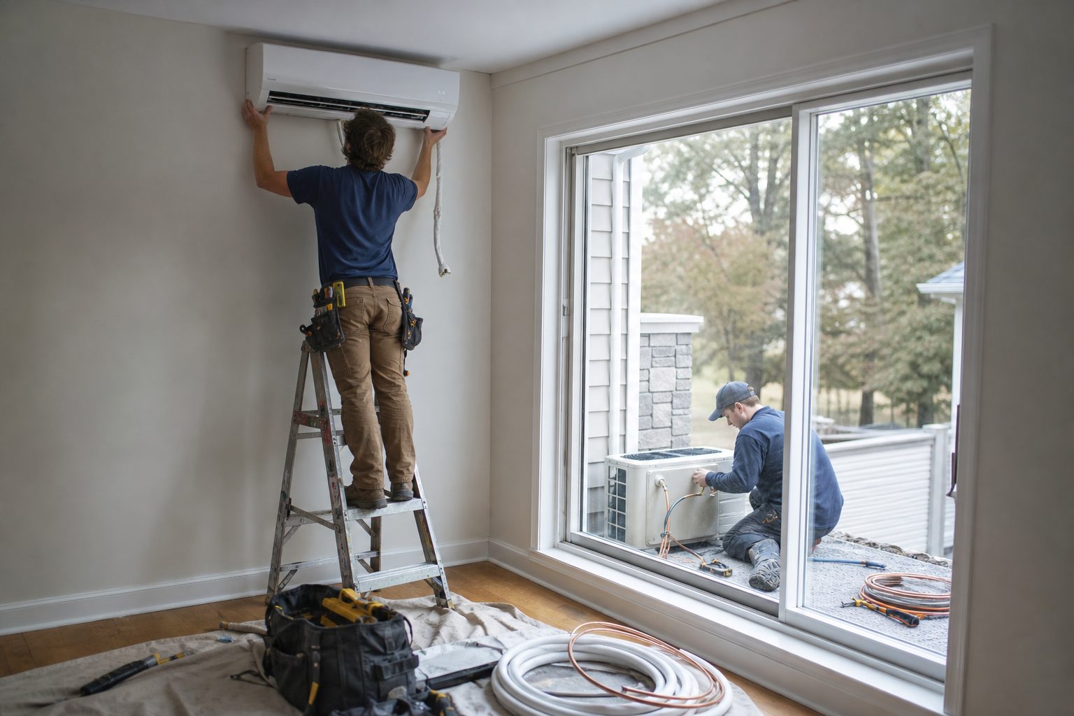 Technicians installing a ductless indoor head and outdoor unit, the work behind any mini split cost estimate