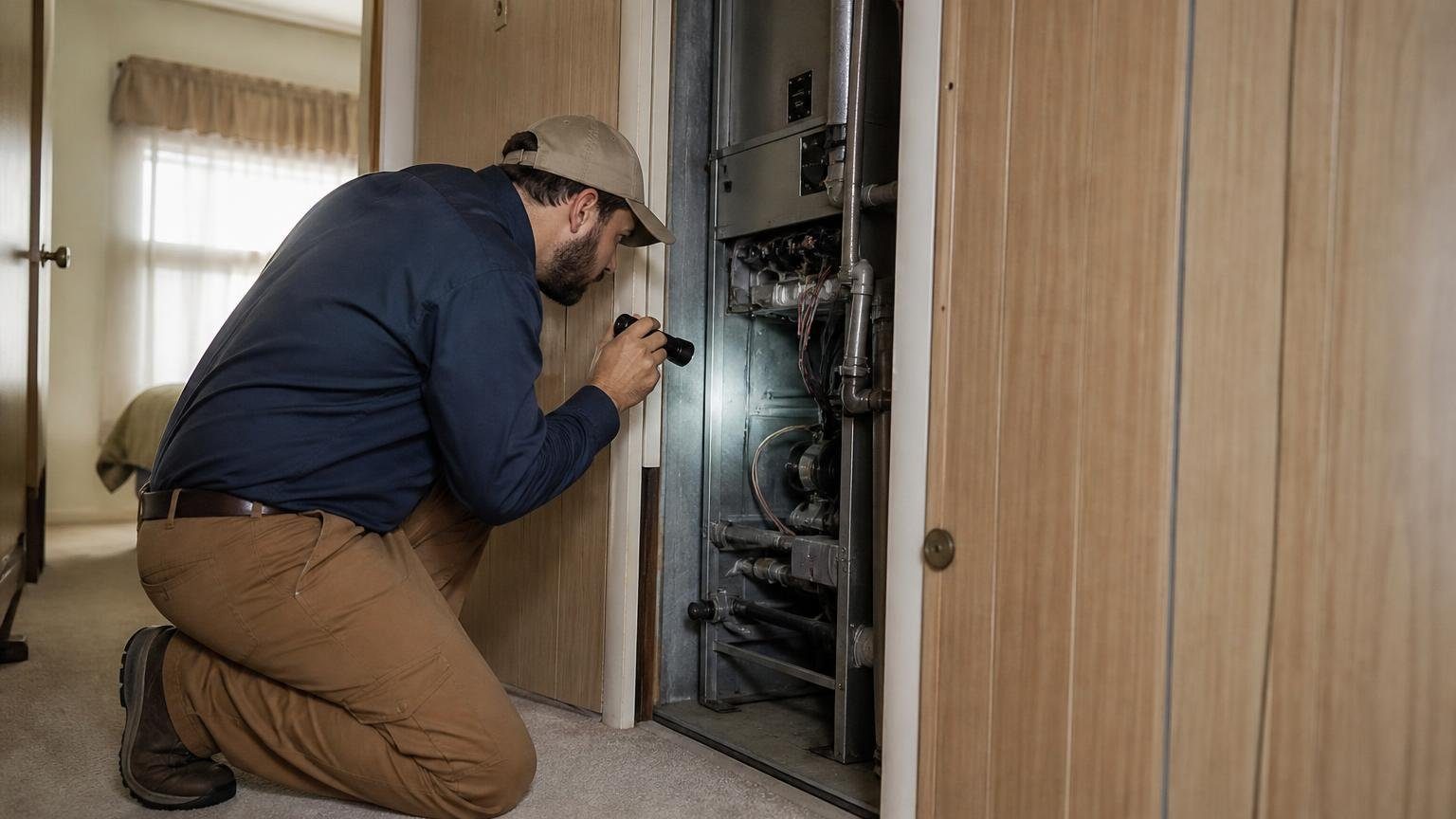 Technician inspecting a mobile home furnace in a manufactured home's hallway closet