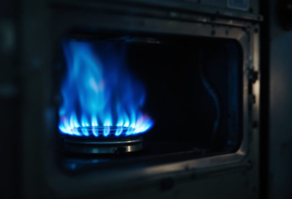 A gas furnace burner firing.