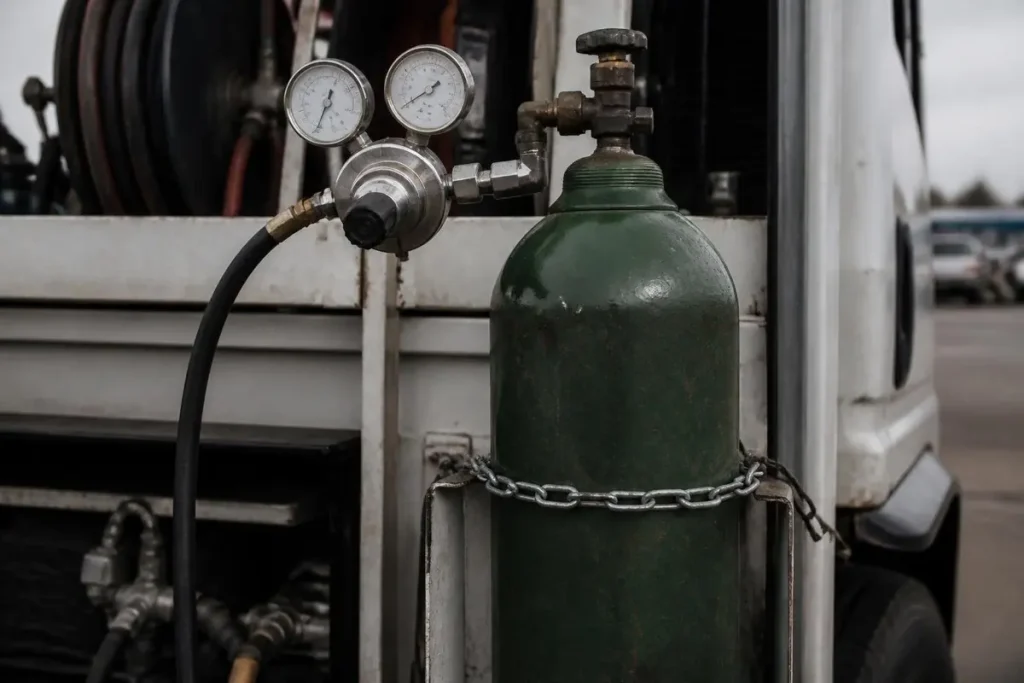 Always through a regulator with a relief valve: cylinder pressure is far above any test pressure.
