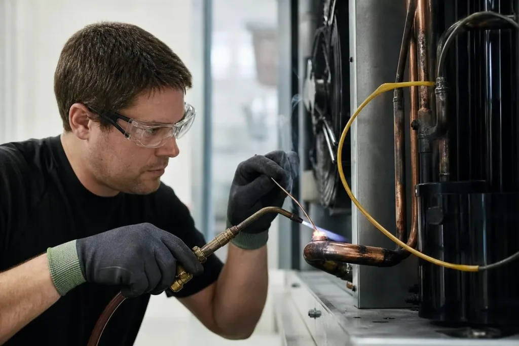 Flowing nitrogen through the pipe while brazing keeps oxide scale from forming inside.