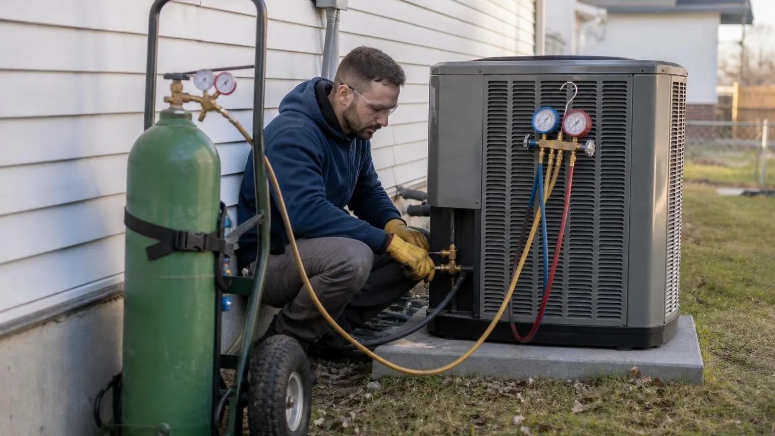 Technician running a nitrogen pressure test on a new heat pump line set with a nitrogen cylinder, regulator and gauges