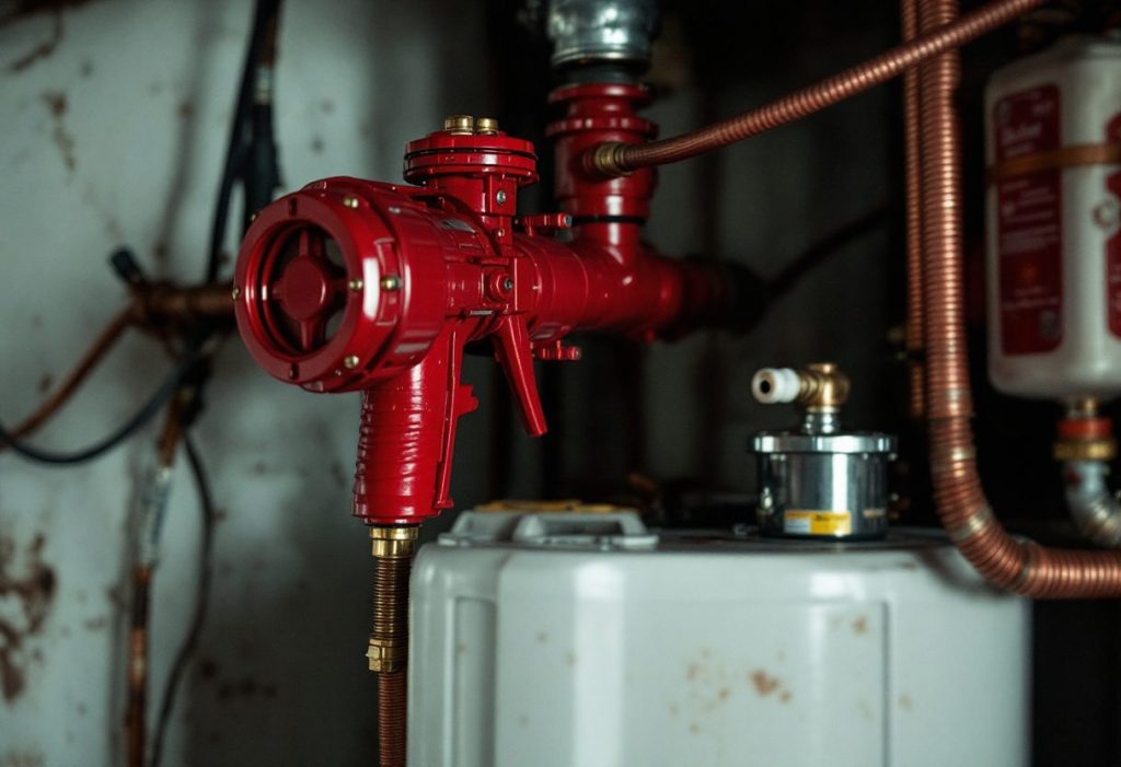 An oil burner mounted on a residential boiler, with its oil line and filter.