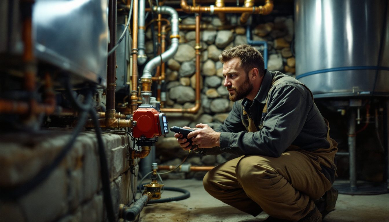 Technician servicing the burner of an oil heating system on a basement boiler