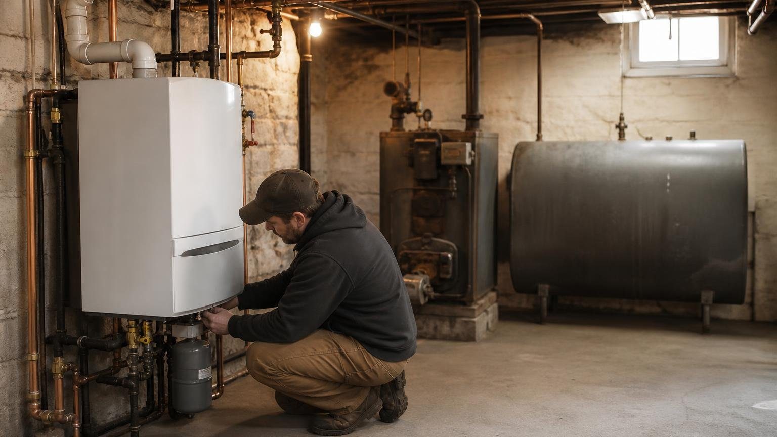 Technician installing a gas boiler in a basement to convert oil heat to gas, with the old oil tank behind