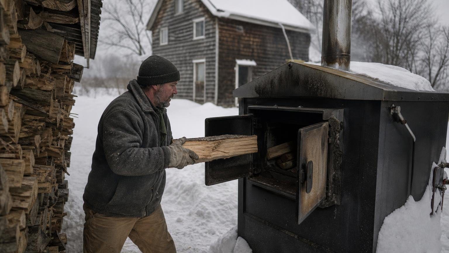 A homeowner loads split firewood into an outdoor wood boiler in a snowy rural yard