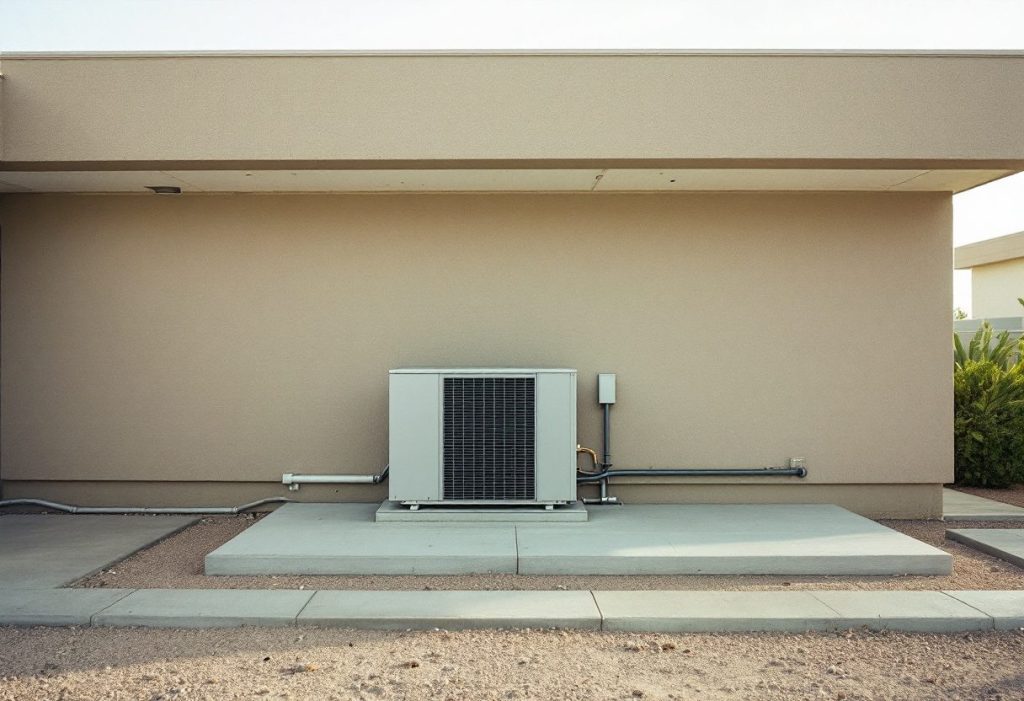 An outdoor HVAC cabinet on a slab beside a single-story stucco house.