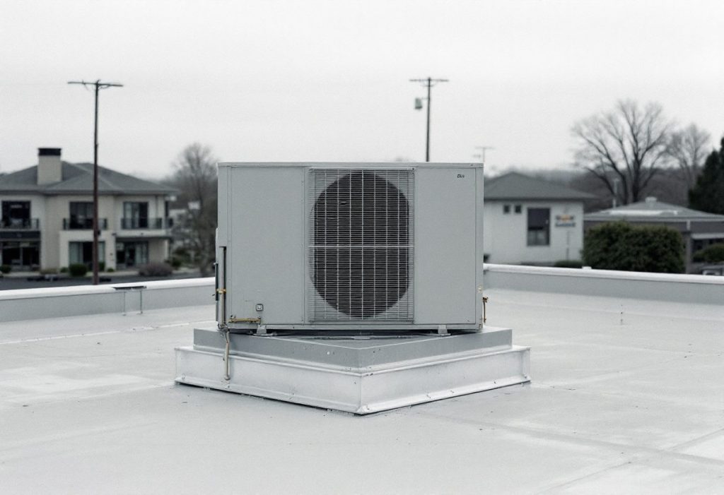 A rooftop packaged unit on a one-story commercial building.