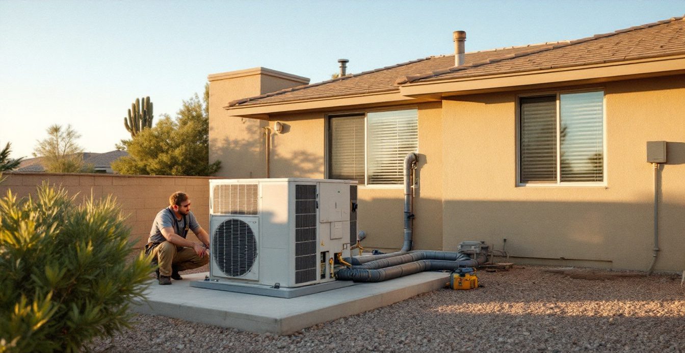 Technician servicing a packaged unit on a slab beside a ranch house, the equipment at the center of the packaged unit vs split system choice