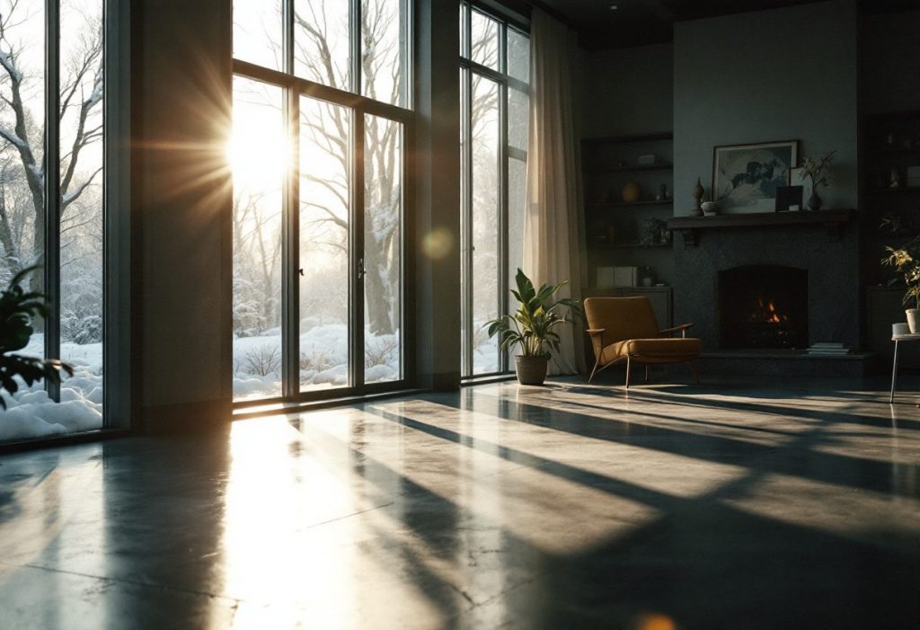 Winter sun reaching a concrete floor, the thermal mass in a direct-gain design.