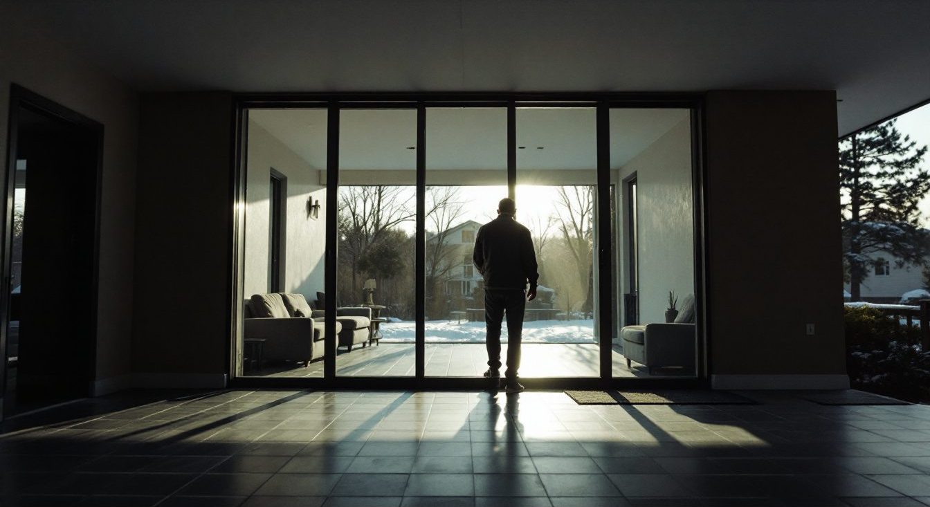 Low winter sun pours through south-facing windows onto a dark tile floor in a passive solar heating home