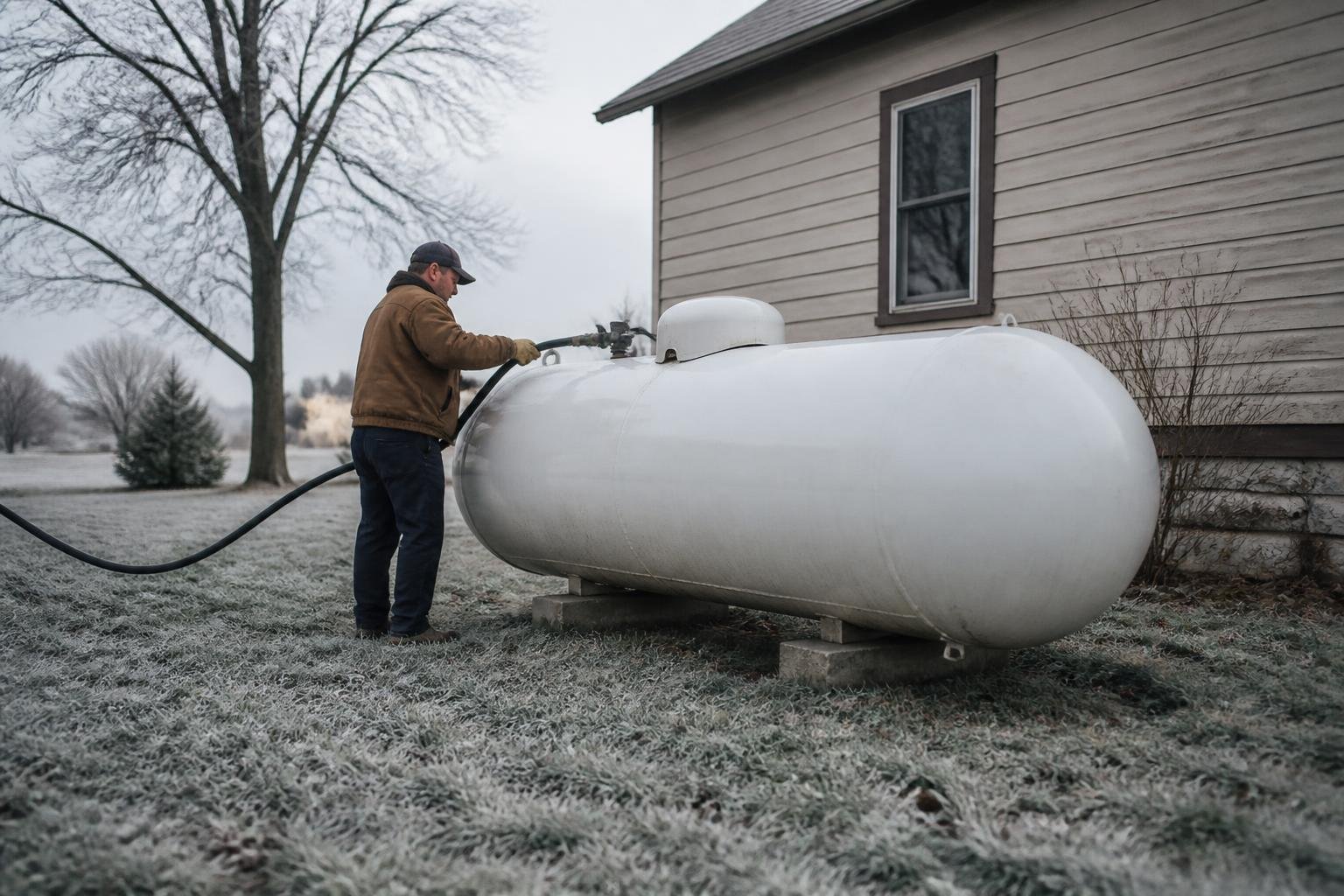 A delivery driver refilling the outdoor tank of a rural home's propane heating system on a winter morning