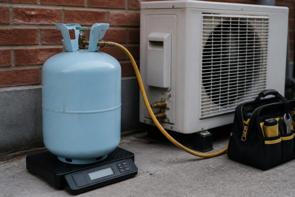 R-32 is charged by weight into equipment designed for it; it is not a drop-in for R-410A systems.