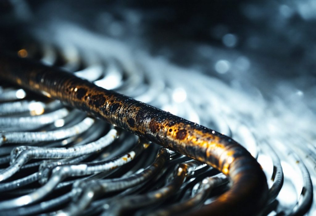 Pinhole corrosion on an evaporator coil, where many home leaks start.