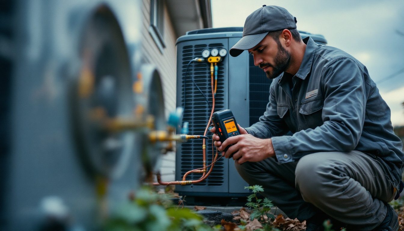 Technician performing refrigerant leak detection at an outdoor AC unit with a handheld electronic detector