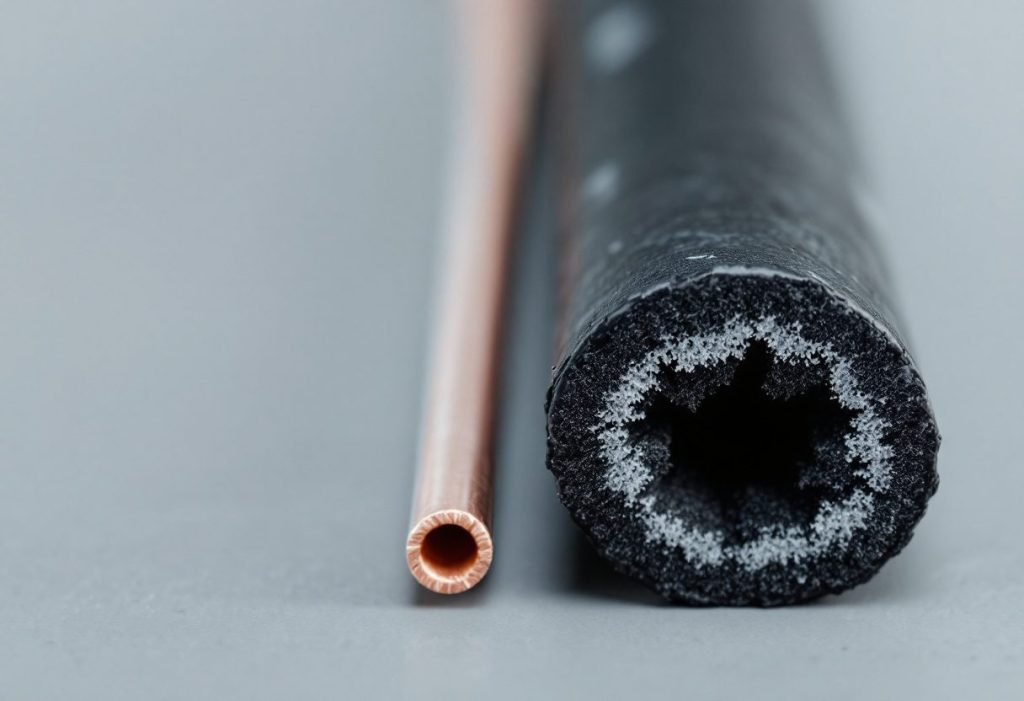 The small bare liquid line and the larger insulated suction line.