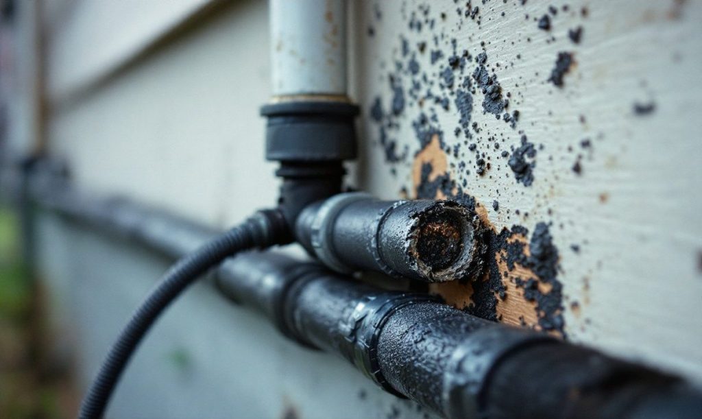 Sun-damaged suction line insulation, the kind that cuts efficiency and drips condensation.