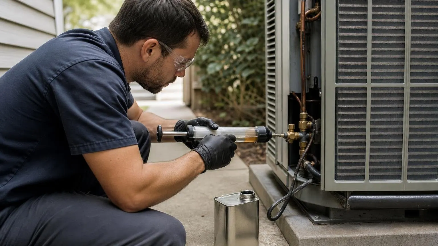 Technician adding refrigerant oil to an air conditioner compressor through the service port