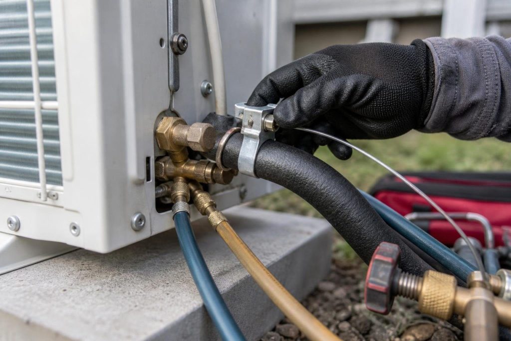 Pressure gives saturation temperature; a pipe thermometer gives the actual line temperature. The difference is superheat.