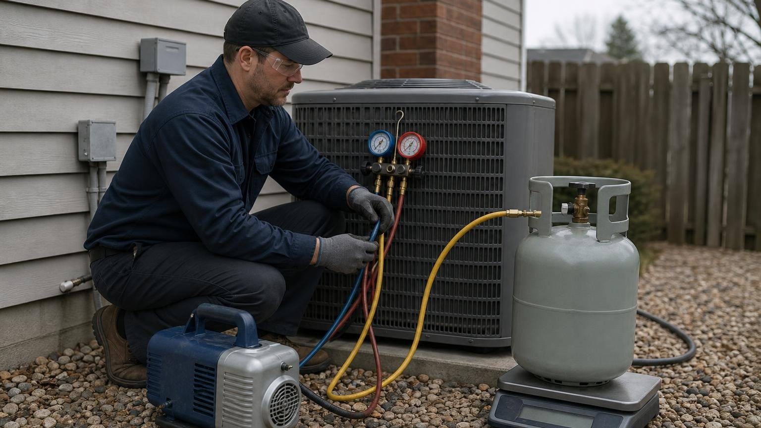 HVAC technician performing refrigerant recovery from an outdoor condensing unit into a recovery cylinder on a scale