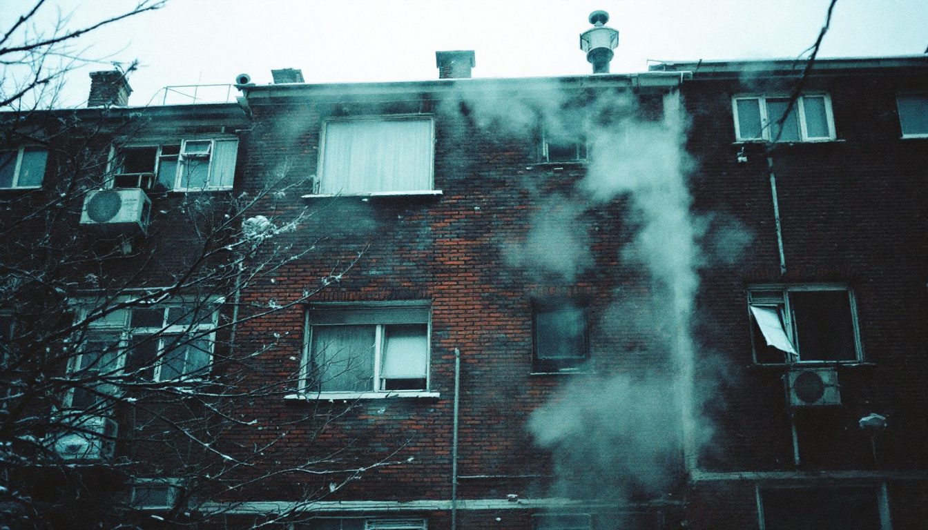 An older brick apartment building in a northern city in winter with window air conditioners still in some windows and steam from a vent.