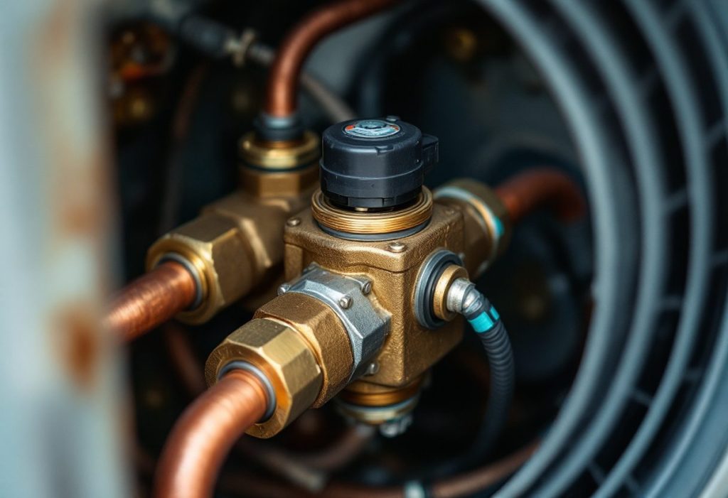 A reversing valve inside a heat pump, with its solenoid coil on top.