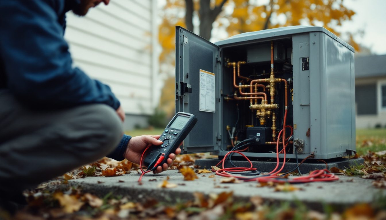 Technician testing the solenoid coil on a reversing valve inside a heat pump outdoor unit