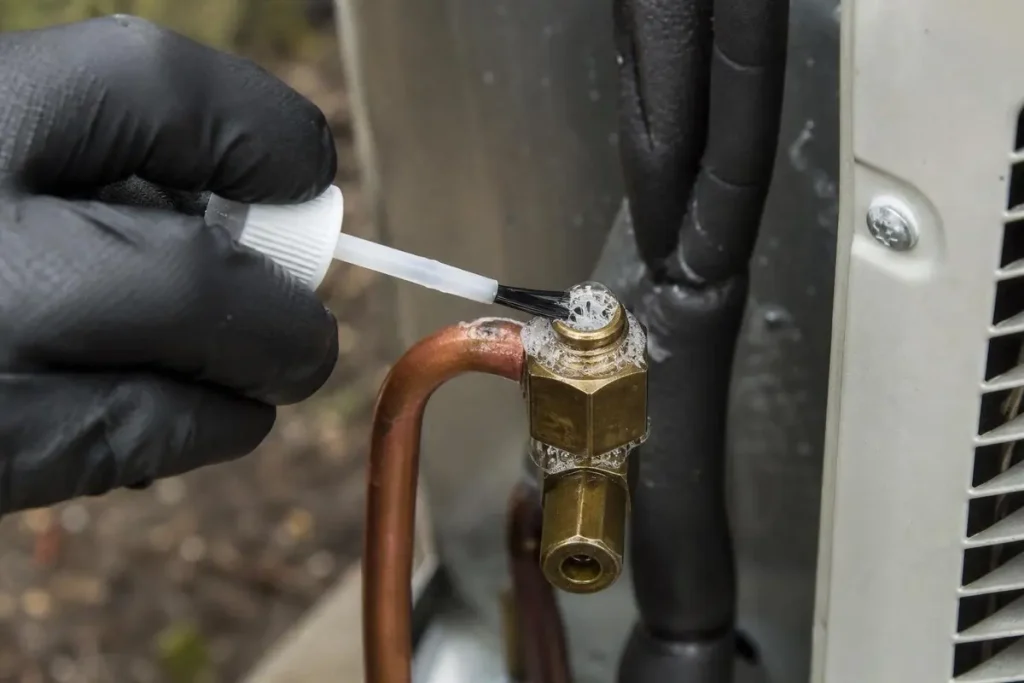 Bubble solution on an uncapped port shows whether the core itself is leaking.