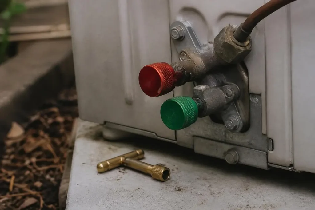 Locking caps keep untrained people out of outdoor refrigerant ports, as the mechanical codes require.