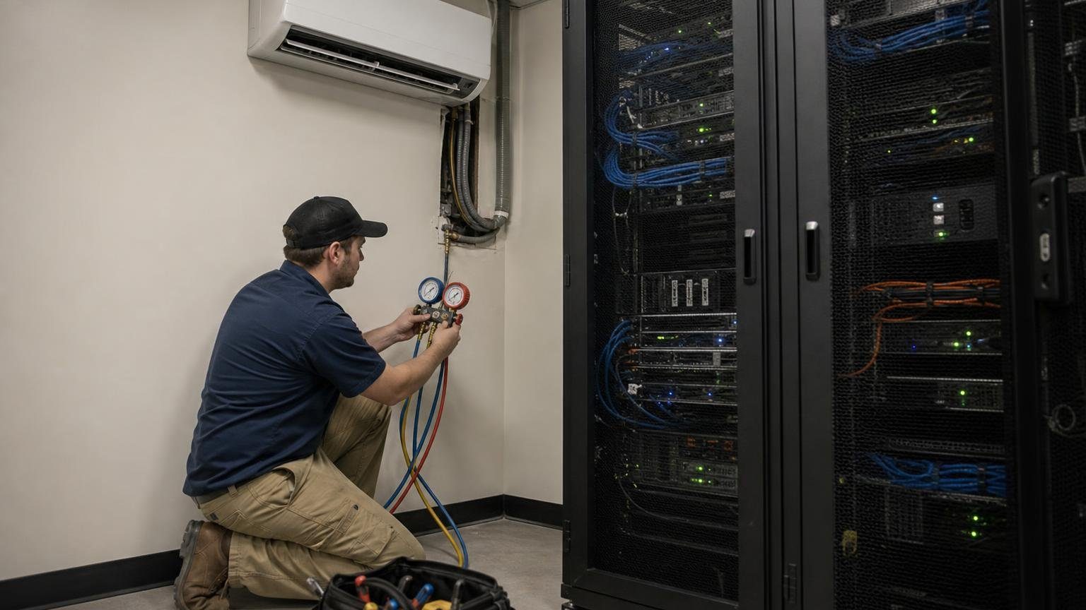 Technician servicing a ductless unit that provides server room cooling for two equipment racks