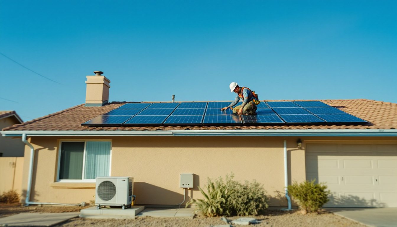 Installer on a roof with solar panels above a central air condensing unit, the common setup for a solar air conditioner