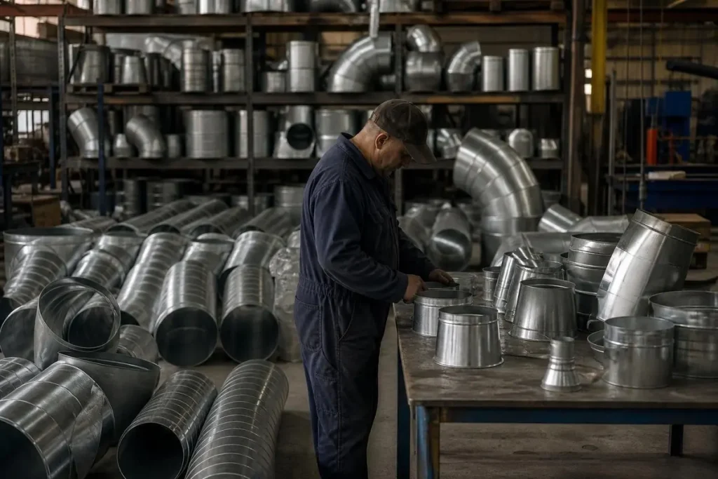 Spiral pipe and fittings come in standard diameters and gauges from the fabricator.