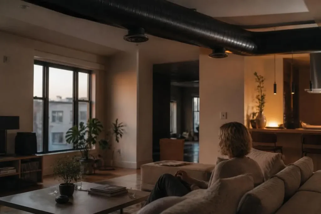 Exposed spiral duct inside the conditioned space avoids attic losses and some testing rules.